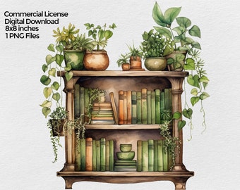 Rustic Bookshelf with plants Watercolor Clipart,  Png Image for Sublimation with transparent background