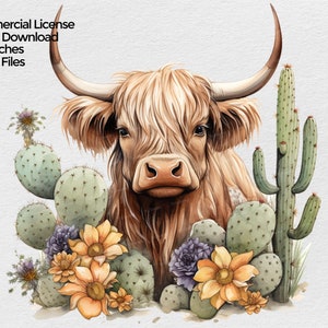 Highland Cow with Flowers Watercolor Clipart  Png Image for Sublimation