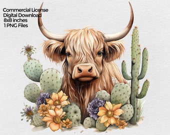 Highland Cow with Flowers Watercolor Clipart  Png Image for Sublimation