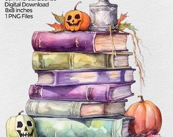 Halloween Books Watercolor Png, Pastel Halloween Clipart Image, Spooky Autumn Halloween Clip art, Fall Sublimation Designs Digital Download