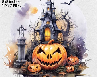 Haunted House Png Image, Watercolor Haunted Castle, fall Sublimation designs png File clip art, Spooky Halloween clipart
