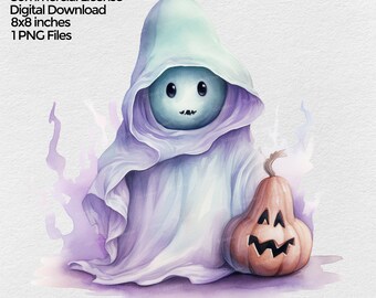 Halloween Cute Ghost Watercolor Png, Pastel Halloween Clipart Image, Autumn Halloween Clip art, Fall Sublimation Designs Digital Download