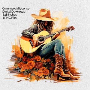 Meisje speelt akoestische gitaar met bloemen Sublimatie Png Design, Fall Clipart, Country Music Clip art PNG-bestand, transparante achtergrond