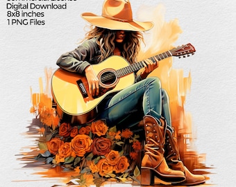 Girl Playing Acoustic Guitar with Flowers Sublimation Png Design, Fall Clipart, Country Music Clip art PNG file, transparent background