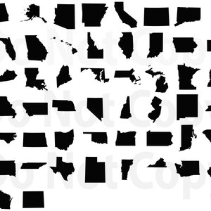 May include: Black and white silhouettes of all 50 US states.