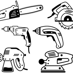 Op de afbeelding: Zwart-witte lijntekening van een set elektrische gereedschappen, waaronder een kettingzaag, een cirkelzaag, een boormachine, een schroevendraaier, een spuitpistool en een schuurmachine.