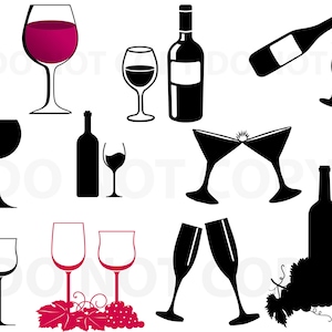 Wine SVG Bundle, Wine Bottle Vector, Svg file for cricut, Design Elements, Wine Glass silhouette, Wine png, dxf esp Wedding svg Wine clipart