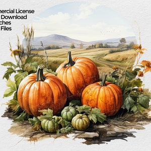 Fall Pumpkins Clipart, Watercolor Autumn Pumpkin Patch PNG file, Sublimation Clip art on transparent background