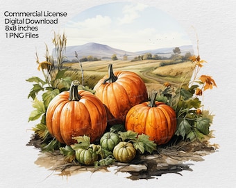 Fall Pumpkins Clipart, Watercolor Autumn Pumpkin Patch PNG file, Sublimation Clip art on transparent background