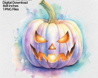 Jack O lantern Halloween Clipart, Watercolor Png, Pastel Halloween Image, Spooky Autumn Clip art, Fall Sublimation Designs Digital Download