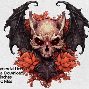 Gothic Halloween Bat Skull with Flowers clipart, PNG file for Sublimation, Clip art on Transparent Background