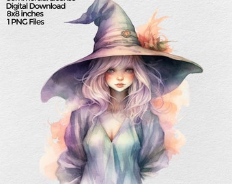 Witch Halloween Clipart, Watercolor Png, Pastel Halloween Image, Spooky Autumn Clip art, Fall Sublimation Designs, Digital Download