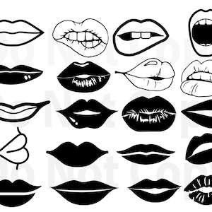 Puede incluir: Un conjunto de 18 ilustraciones de labios en blanco y negro. Los labios son de varias formas y tamaños, algunos con los dientes visibles, algunos con un puchero y algunos con una sonrisa.