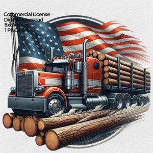 Camion forestier patriotique avec drapeau américain Png pour sublimation, clipart de camion bûcheron américain, fond transparent de conception de t-shirt bûcheron des États-Unis