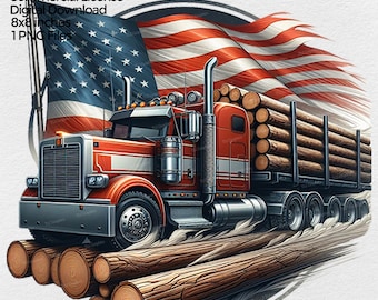 Patriotic Logging Truck with American Flag Png for Sublimation, US Logger truck clipart, USA Logger T shirt Design Transparent Background