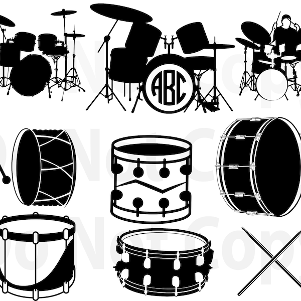 Batterie SVG Bundle Drum Set Svg fichier pour cricut, svg de grosse caisse, Design Elements Vector image clip art, Caisse claire png, dxf, esp stick Monogram