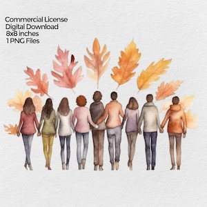 Watercolor People Holding Hands while Walking bff Sublimation Png Design, Fall Clipart, Autumn PNG file, Clip art on transparent background