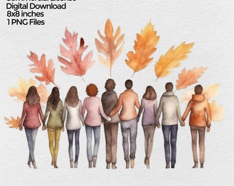 Watercolor People Holding Hands while Walking bff Sublimation Png Design, Fall Clipart, Autumn PNG file, Clip art on transparent background
