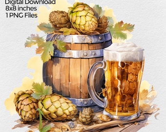 Beer Hops & Keg PNG File Clipart, Octoberfest Sublimation Design Images on transparent background, Home Beer Brewer Digital Illustration
