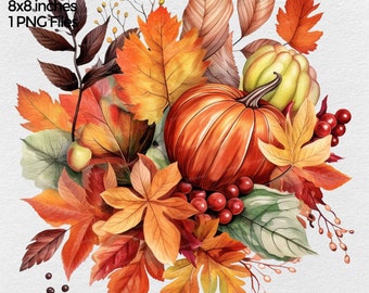 May include: A watercolour painting of an autumn harvest scene with a large orange pumpkin, a smaller yellow gourd, and a cluster of red berries surrounded by colourful autumn leaves.