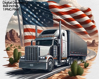 Semi Truck with US Flag Png Sublimation, Truck driver clipart, USA Trucker T shirt Design 18 Wheeler Big Rig Truck Transparent Background