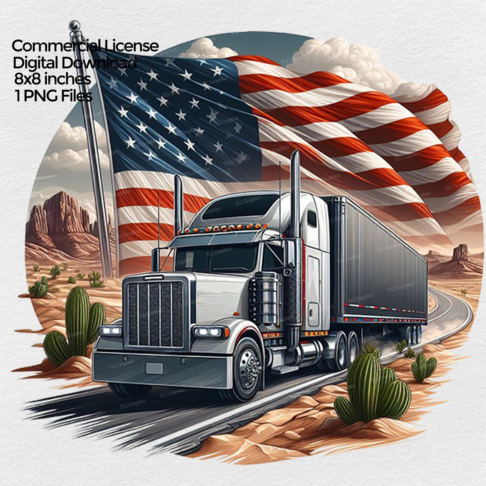 Semi Truck With US Flag Png Sublimation, Truck Driver Clipart, USA