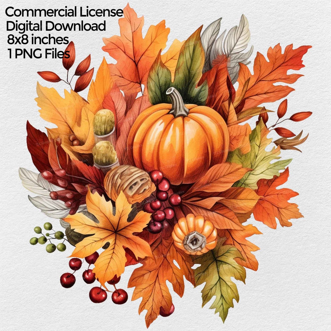 Fall Pumpkin With Leaves and Flowers Png Clipart, Autumn Floral Png ...