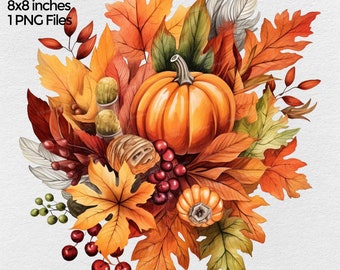 May include: A watercolour illustration of an autumn harvest scene with a large orange pumpkin, red berries, and a variety of autumn leaves in shades of orange, yellow, and green.