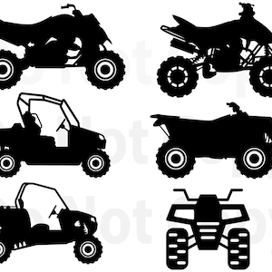 May include: Silhouettes of six different types of off-road vehicles. The vehicles are all black and are shown in profile view. The vehicles include a four-wheeled ATV, a side-by-side ATV, a dune buggy, and a utility task vehicle.