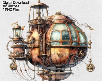 Steampunk Flying Machine Clipart Digital Download, Png Sublimation Design, Scrapbooking & Junk journal PNG file, transparent background