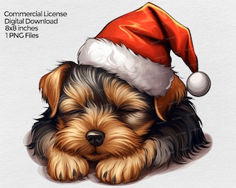 Schlafender Yorkie Welpe mit Weihnachtsmütze Clipart, Yorkshire Terrier Hund Weihnachten PNG-Datei, Becher Sublimation Clipart auf transparentem Hintergrund