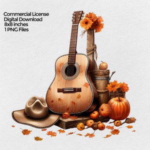 Guitare acoustique avec chapeau de cowboy à l’automne Sublimation Png Design, automne Clipart, Country Music Clip art PNG fichier, fond transparent