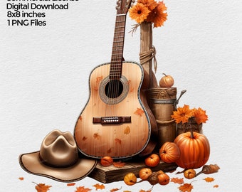 Acoustic Guitar with Cowboy Hat in the Fall Sublimation Png Design, Fall Clipart, Country Music Clip art PNG file, transparent background