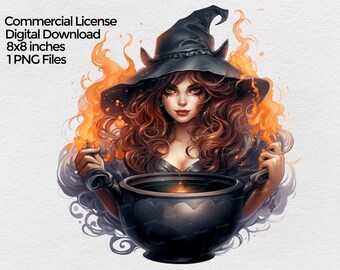 Cute Witch with cauldron  clipart, Halloween Witch PNG file, Sublimation Clip art on transparent background