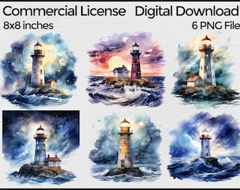 Watercolor Lighthouse Png Image, Stormy Lighthouse Bundle for Sublimation png clipart, Nautical watercolor clip art