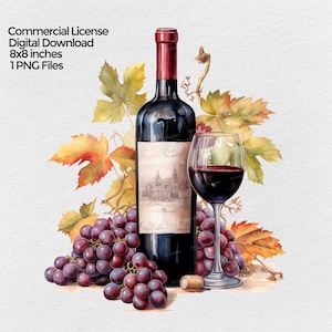 Wine Bottle with Grapes PNG File Clipart, Mug and Shirt Sublimation Design Images on transparent background, Red Wine glass Illustration