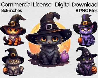 Cute Halloween cat clip art bundle, Cute Cat png clipart files, Halloween clip art for sublimation with commercial license