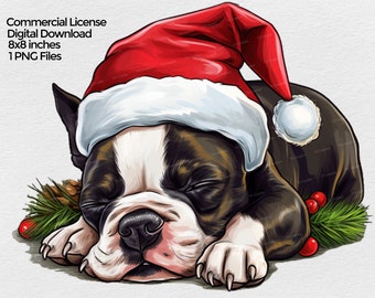 Sleeping Boston Terrier Puppy with Santa Hat clipart, Boston Terrier Dog Christmas PNG file Clipart, Sublimation design transparent png
