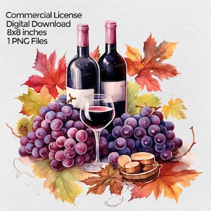 Wine with Grapes PNG File Clipart, Mug and Shirt Sublimation Design Images on transparent background, Fall Red Wine Digital Illustration