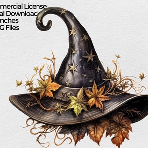 May include: A black witch's hat with a pointed crown and a wide brim, decorated with gold stars and autumn leaves. The hat is set against a white background.