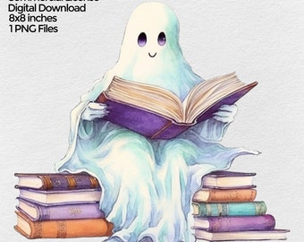 Halloween Fantasma Lectura Libros Acuarela Png, Pastel Halloween Clipart Image, Halloween Clip art, Fall Sublimation Designs Digital Download