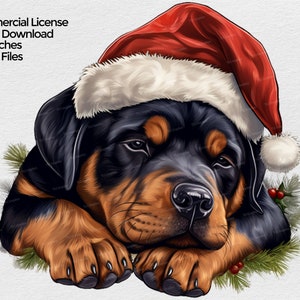 Sleeping Rottweiler Puppy with Santa Hat clipart, Rottweiler dog Christmas PNG file, Mug Sublimation Clipart on transparent background