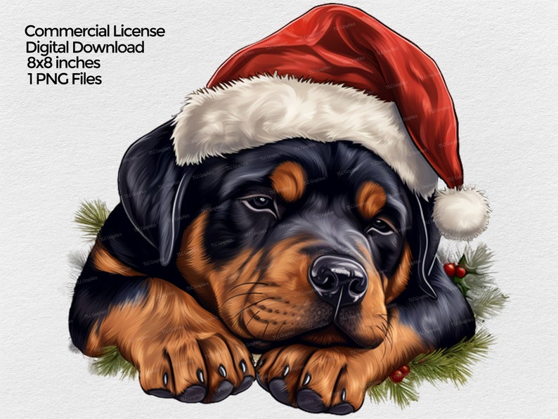 K&ouml;nnte beinhalten: Ein Rottweiler-Welpe mit einem roten und wei&szlig;en Weihnachtsmann-Hut, mit einem schl&auml;frigen Ausdruck. Der Welpe liegt mit dem Kopf auf seinen Pfoten. Der Hintergrund ist eine wei&szlig;e, strukturierte Oberfl&auml;che mit gr&uuml;nen Kiefern&auml;sten und roten Beeren.