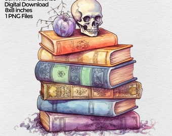 Halloween Books Watercolor Png, Pastel Halloween Clipart Image, Spooky Autumn Halloween Clip art, Fall Sublimation Designs Digital Download