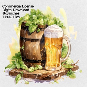 Beer with hops, Keg PNG File Clipart, Octoberfest Sublimation Design Images on transparent background, Home Beer Brewer Digital Illustration