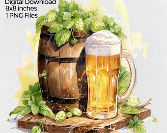 Beer with hops, Keg PNG File Clipart, Octoberfest Sublimation Design Images on transparent background, Home Beer Brewer Digital Illustration