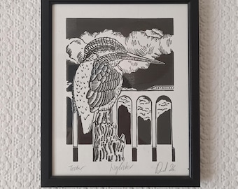 Linoleografia originale del martin pescatore