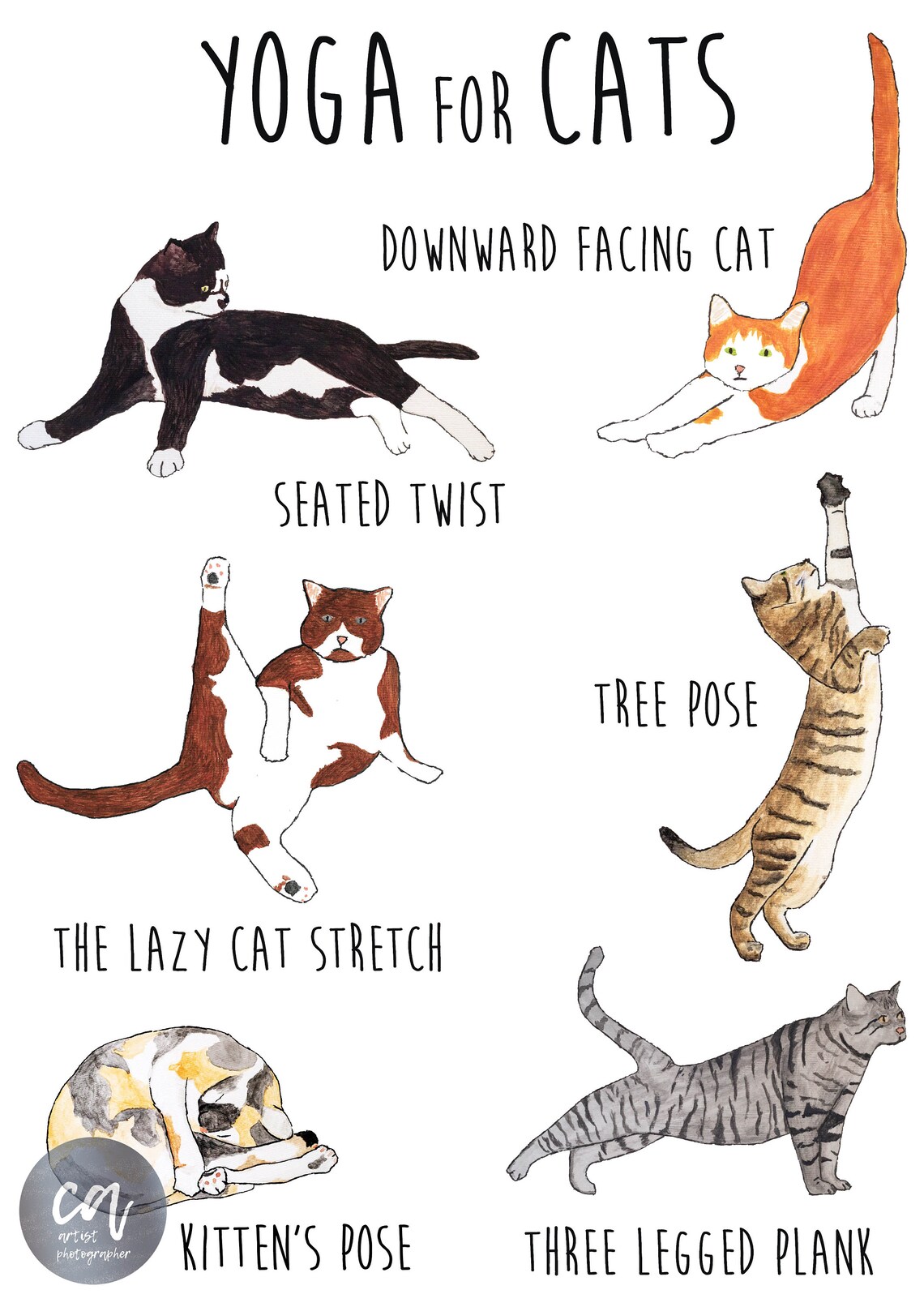 Cat Yoga Print / Watercolour Print / Original Art / Fun Cat Painting Etsy