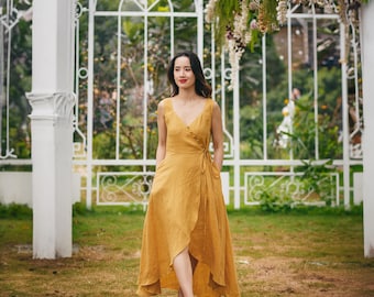 Vestido midi de lino amarillo para mujer, sin mangas, cruzado, con cuello en V, botones y lazo en la cintura, conjunto informal de lino para verano, vestido de regalo para ella.