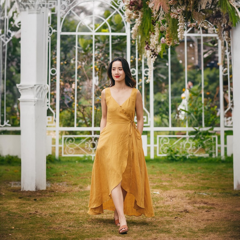 Yellow Linen Midi Dress Women, Sleeveless Wrap V Neck Dress With Buttons And Waist Tie, Flowy Summer Linen Outfit Casual, Gift Dress For Her